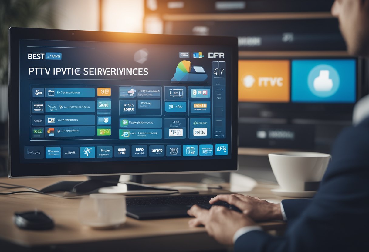 A person selects an IPTV package on a computer screen. Icons of different service options are displayed with a "best iptv services" label
