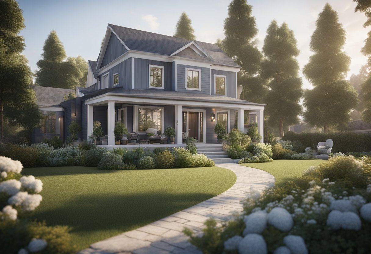 A real estate agent presents a cozy house with a "For Sale" sign in the front yard, surrounded by a well-maintained garden and a welcoming exterior