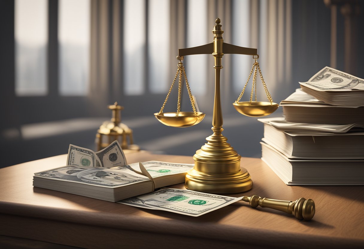 A scale weighing money on one side and legal documents on the other, with a gavel and law books in the background