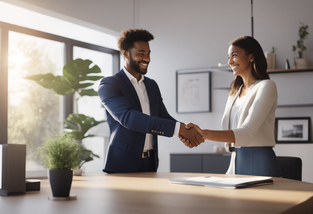 A real estate agent hands over keys to a smiling buyer as they shake hands, sealing the deal on a sold property