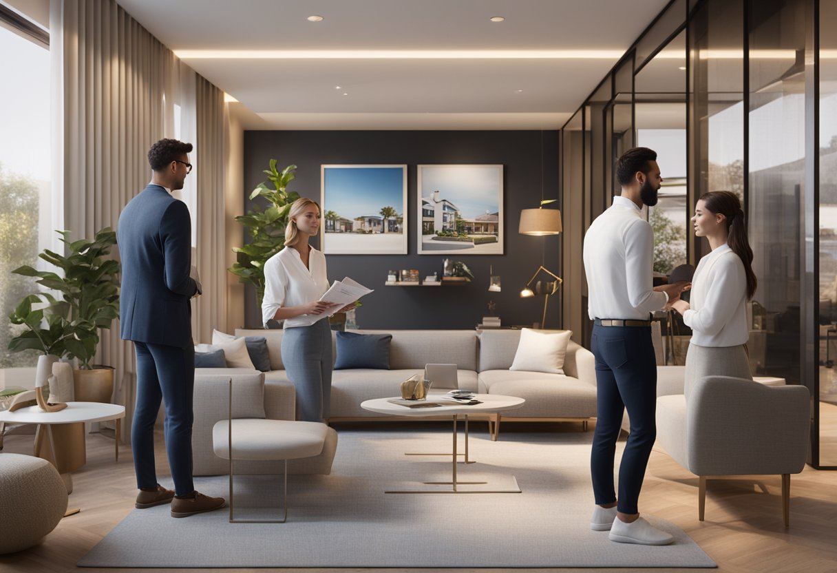 Potential buyers consulting a real estate agent, surrounded by property brochures and a "Frequently Asked Questions" sign