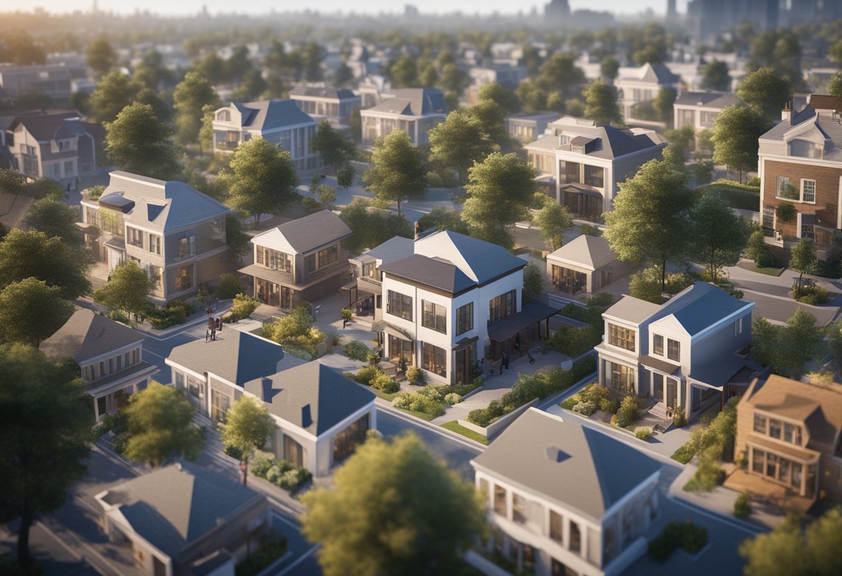 A bustling real estate market with diverse housing styles and a mix of suburban and urban settings, showcasing high demand and fluctuating prices