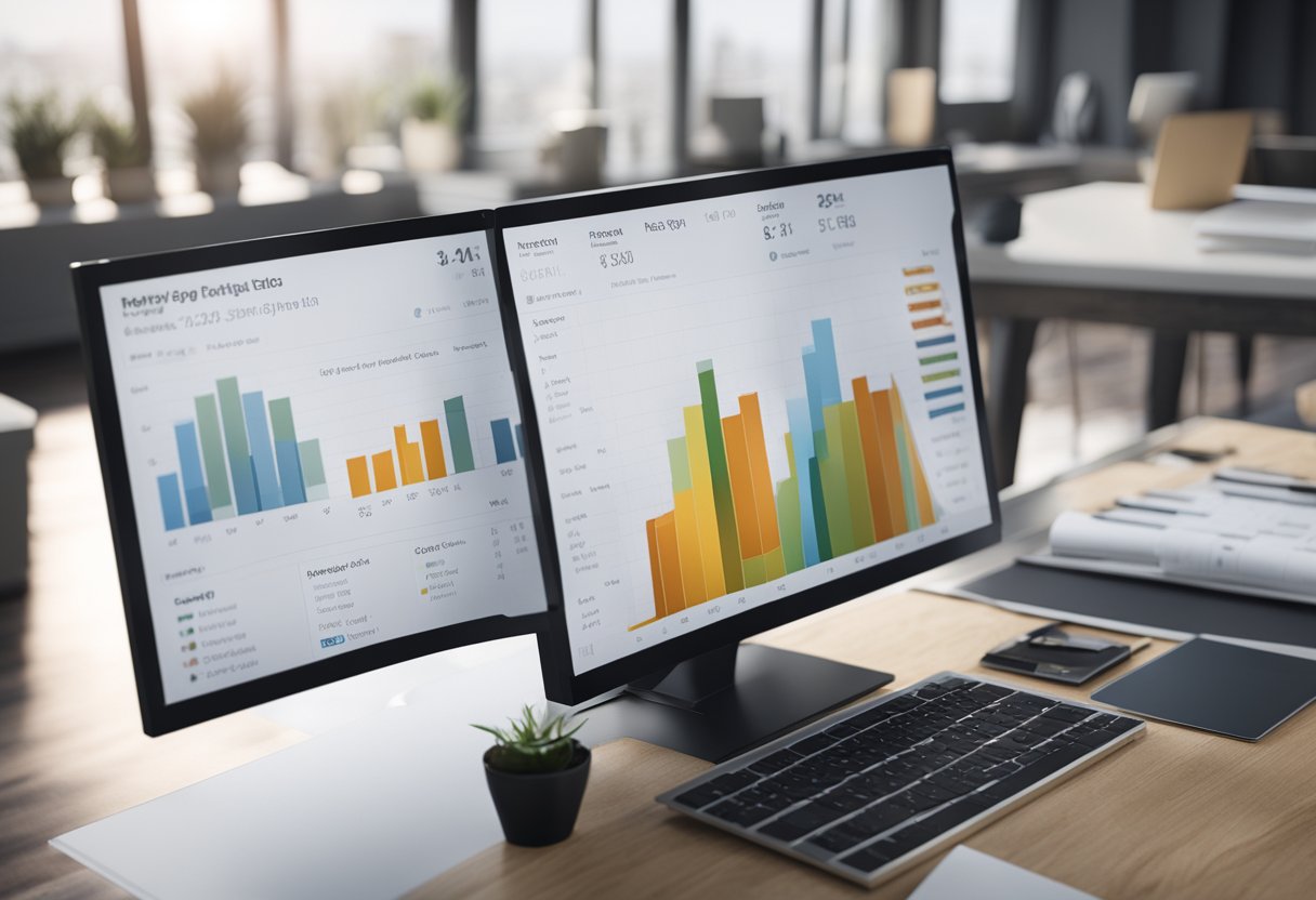 A table with various real estate market analysis tools, including charts, graphs, and reports. A computer screen displaying market data