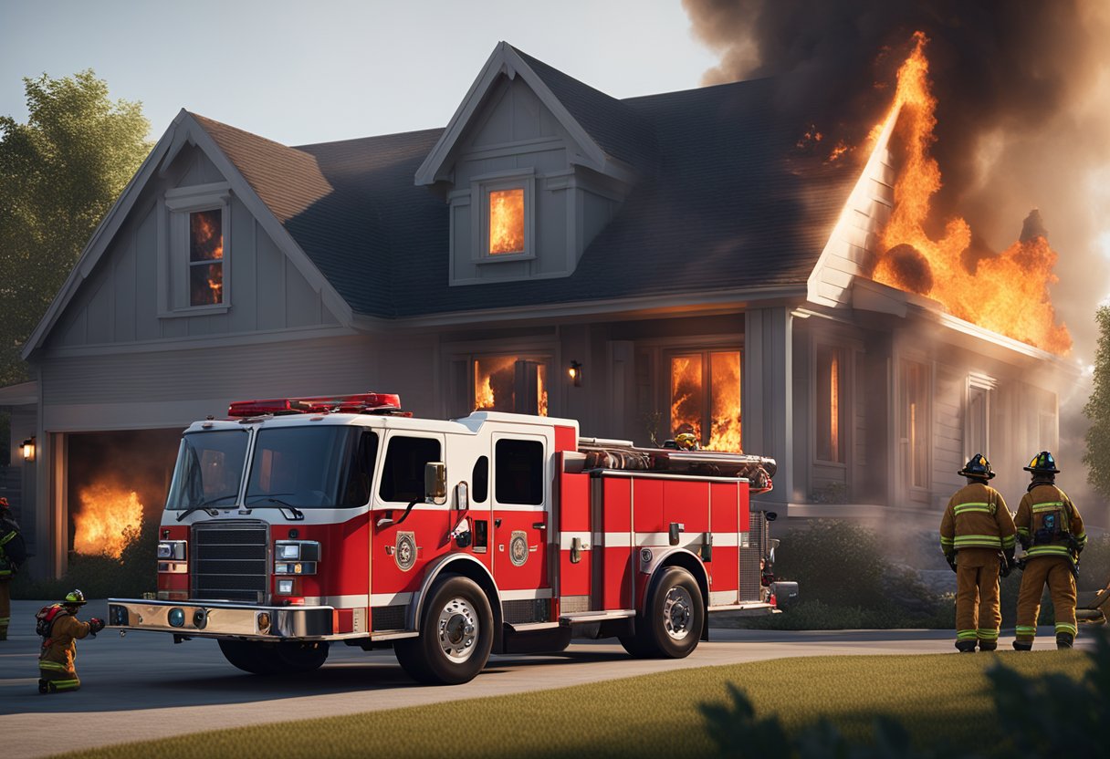 A house engulfed in flames with a fire truck and firefighters on the scene, while a worried homeowner looks on