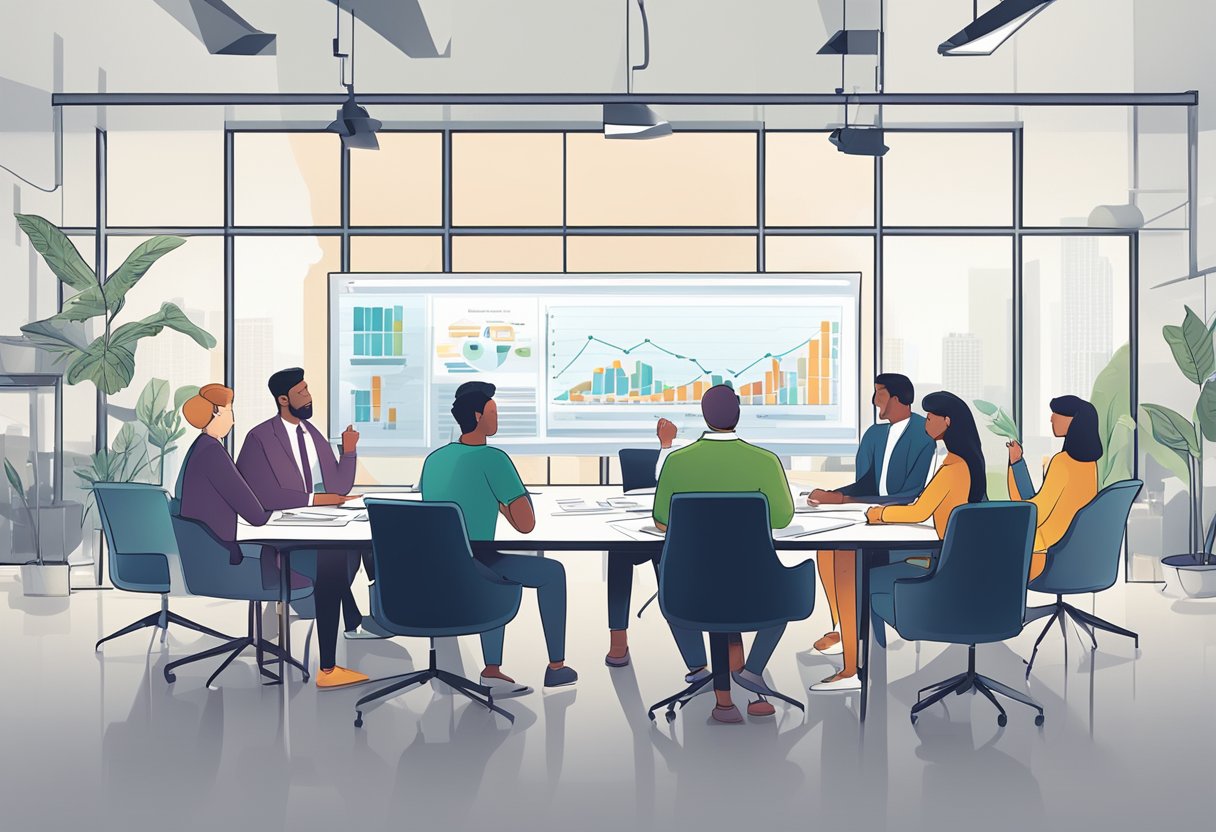 A group of professionals discussing strategies at a conference table, surrounded by charts and graphs showing Amazon sales data