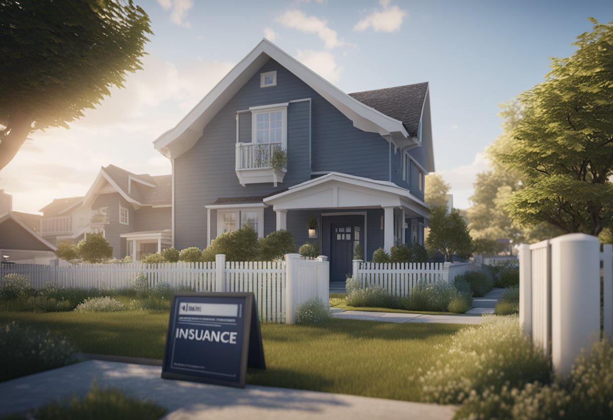 A house surrounded by a fence, with a "Policy Coverage Property Insurance" sign displayed prominently in the front yard