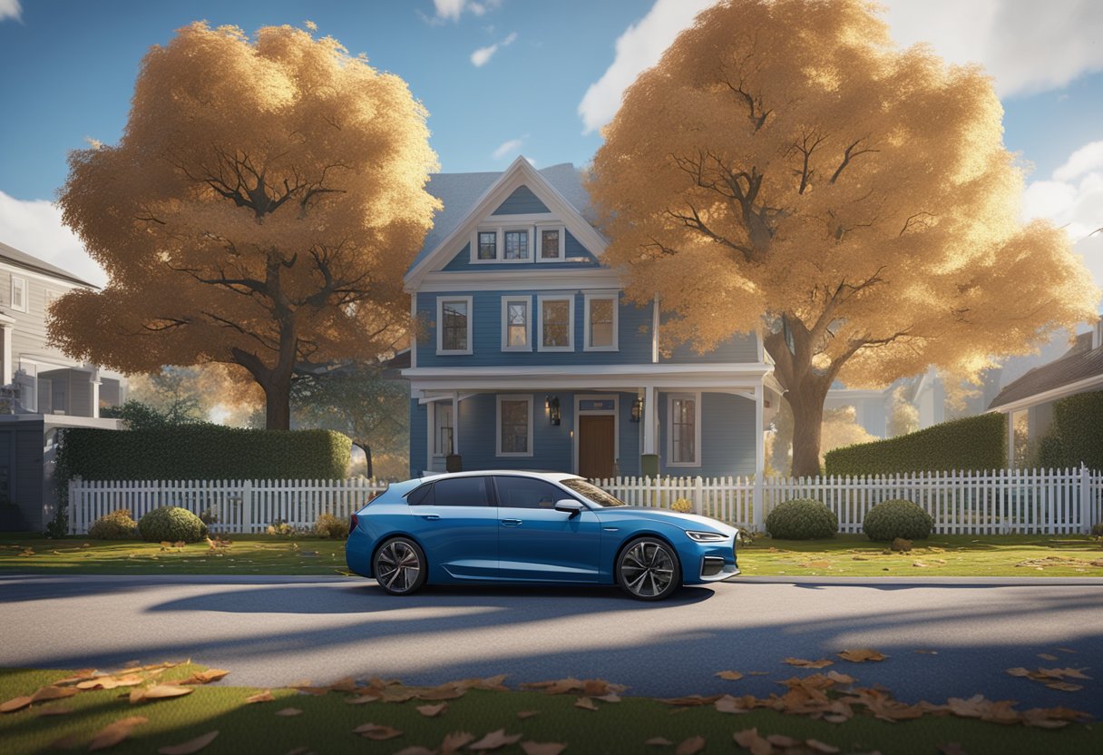 A house surrounded by a fence, with a car parked in the driveway. A tree with fallen leaves in the yard. A blue sky with fluffy white clouds overhead