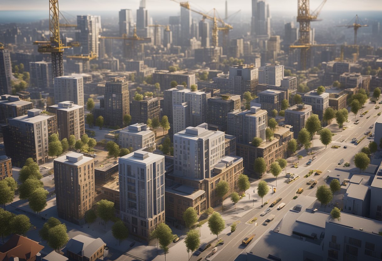 A bustling city with construction cranes and new housing developments sprouting up, while real estate agents and builders discuss market trends