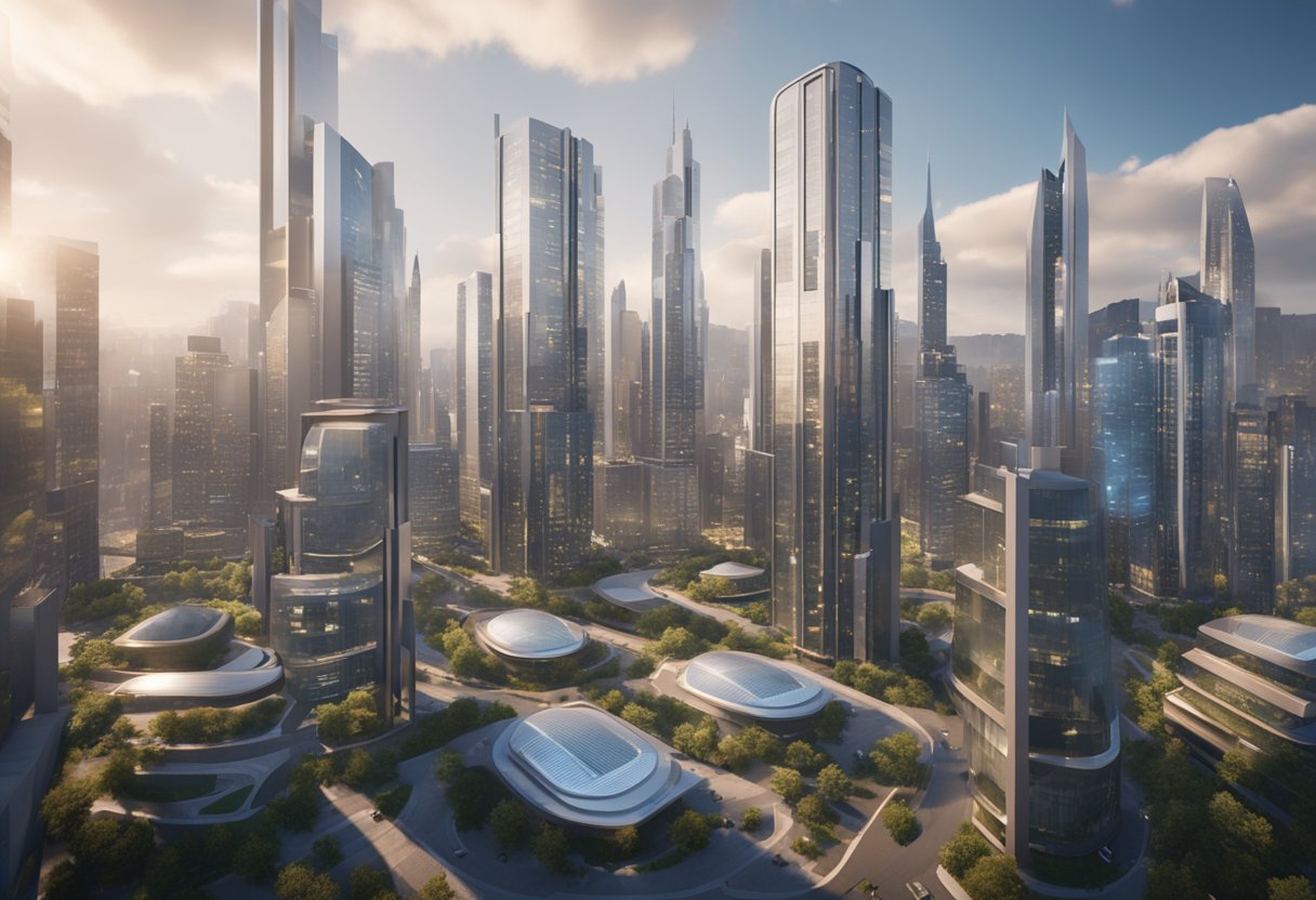 A modern city skyline with futuristic real estate technology integrated into buildings, showcasing housing market trends