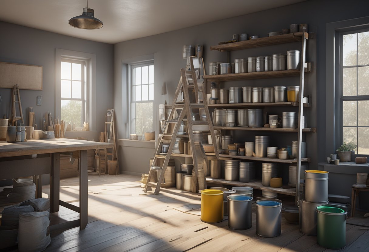 A room with paint cans, brushes, and drop cloths scattered about. A ladder leans against the wall, and tools are organized on a workbench