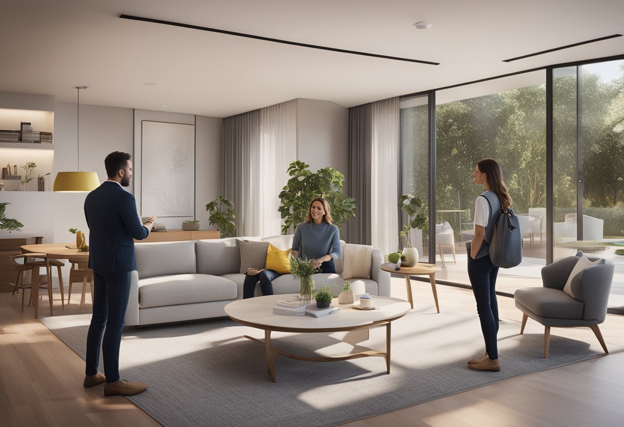 A bank representative presents various property financing options to a couple in their living room