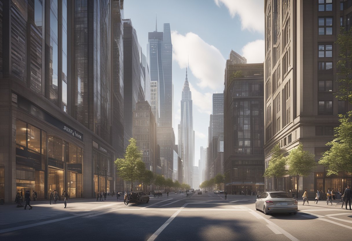 A bustling city street with skyscrapers and banks, showcasing various property financing options such as mortgage loans and commercial real estate investments