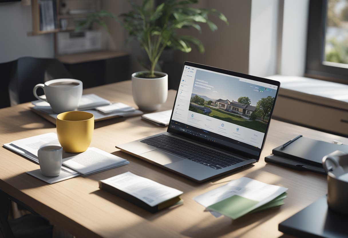 A person researching loan qualifications and property financing options, with a laptop and documents spread out on a desk