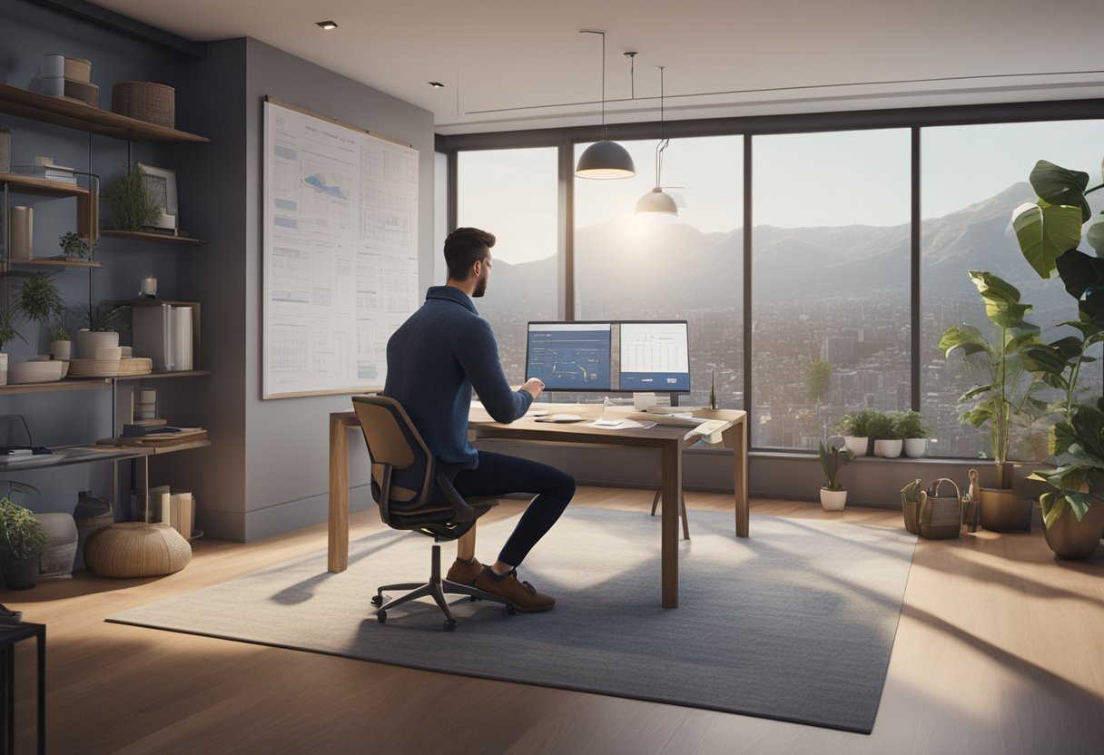 A person researching property financing options, surrounded by charts, graphs, and financial documents