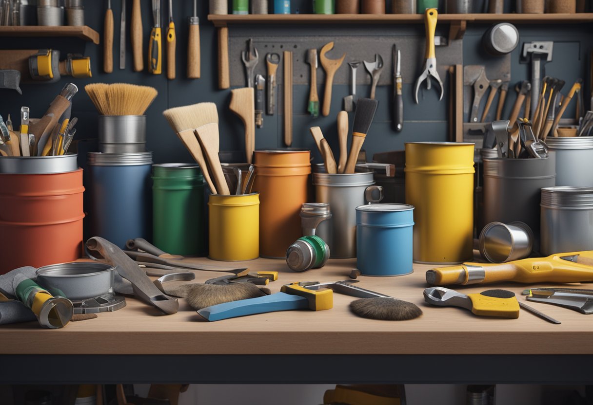 A cluttered workbench with various tools and materials for home improvements, including paint cans, brushes, hammers, nails, and measuring tape