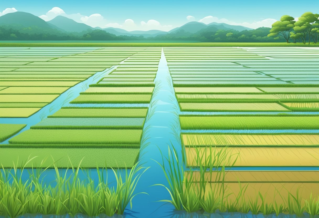 Rich field with flooded paddies, young rice plants emerging from the water, surrounded by lush greenery and a bright blue sky above