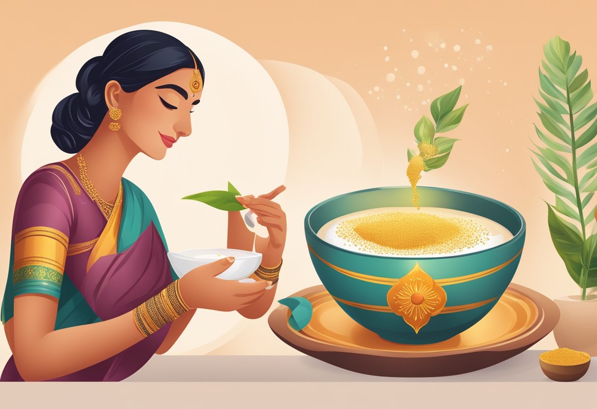 A woman sprinkles ayurvedic powder into a bowl of milk