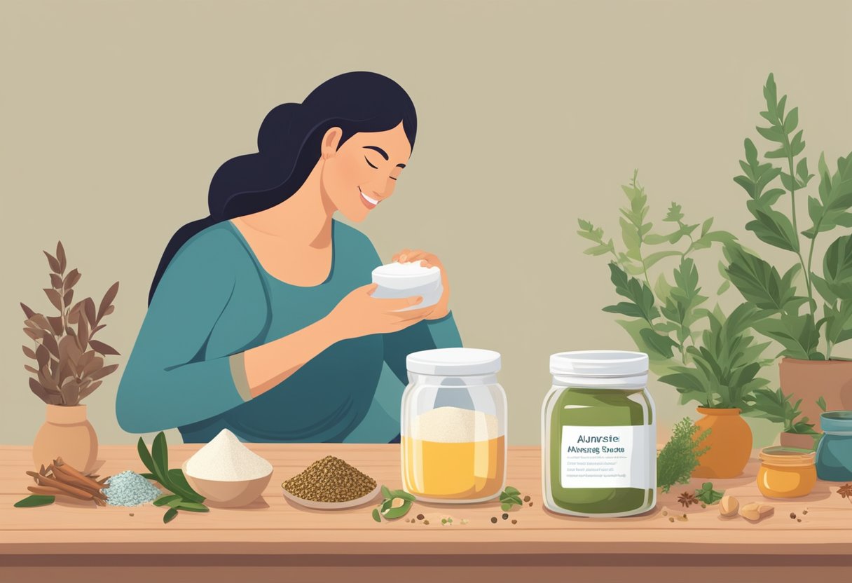 A jar of ayurvedic powder sits on a wooden table, surrounded by herbs and spices. A breastfeeding mother looks on, smiling as she prepares to use the galactagogue to increase her milk supply