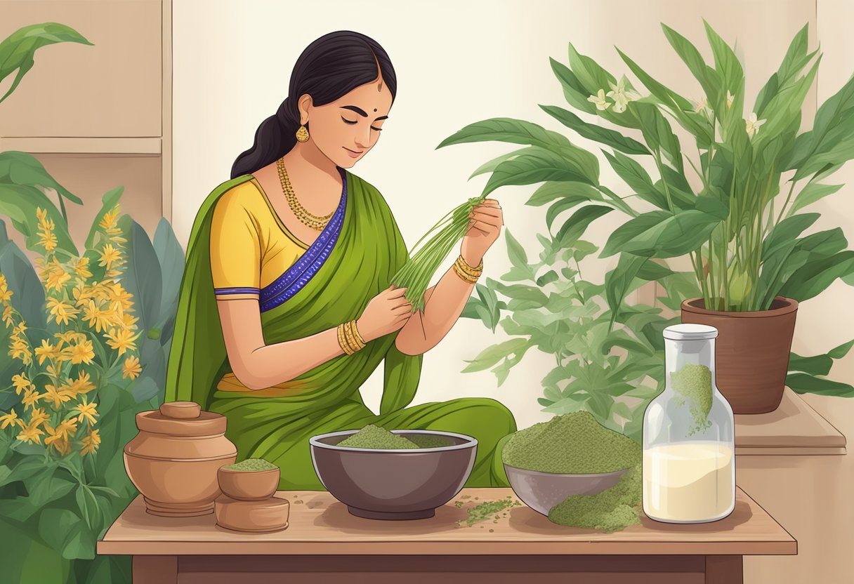 A woman mixes Ayurvedic herbs into a powder to increase breast milk