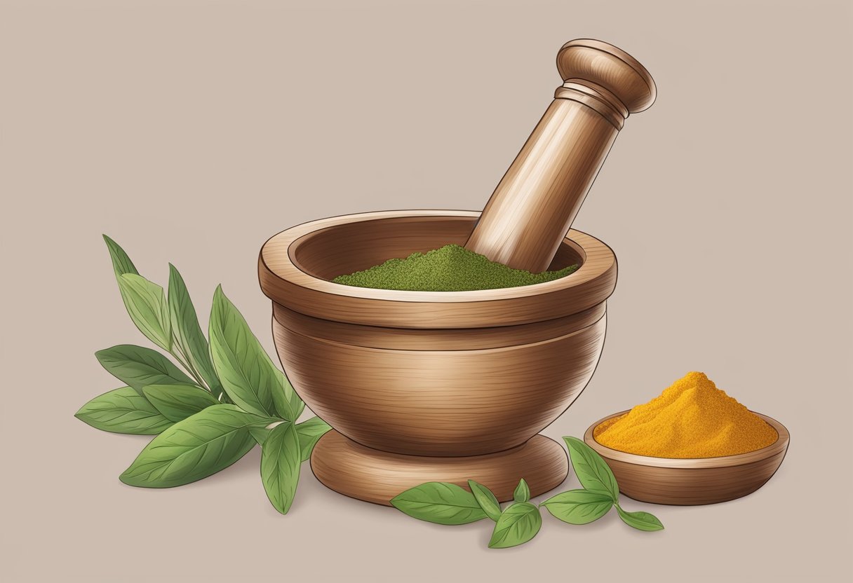 A mortar and pestle grinding herbs and spices for Ayurvedic breast milk powder