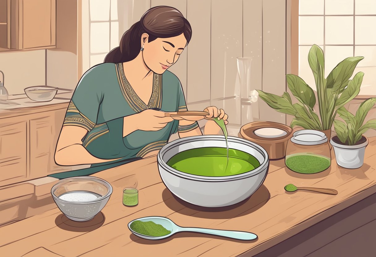 A mother mixes ayurvedic powder with water in a small bowl, then stirs it with a spoon before consuming it