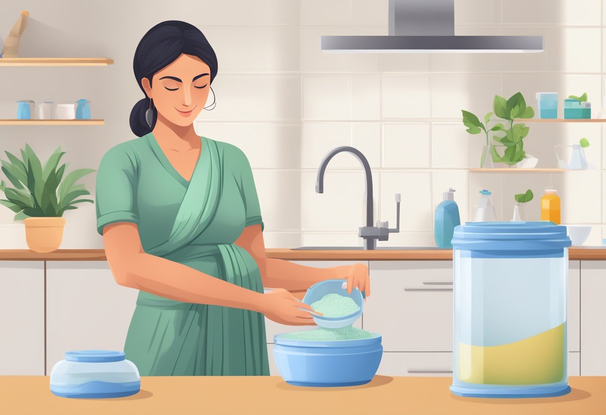 A mother mixes ayurvedic powder with water in a clean, sterilized container, ensuring proper hygiene and precautions for increasing breast milk