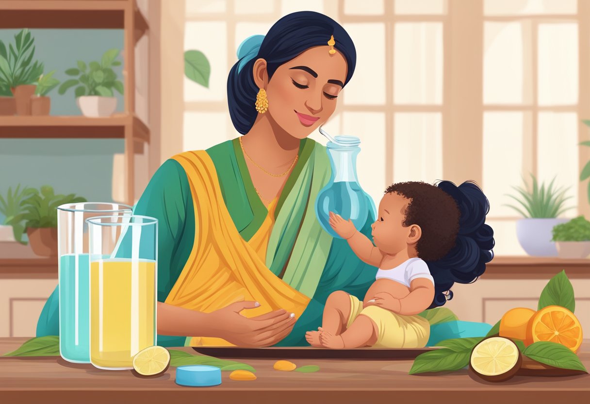 A woman pours Ayurvedic powder into a glass of water, with a breastfeeding baby in the background
