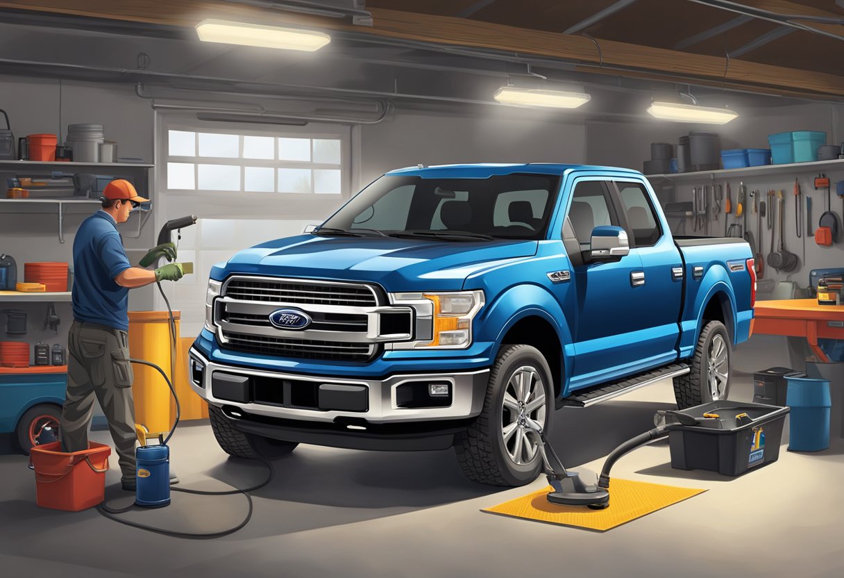 A Ford F-150 truck parked in a garage, with the hood open and a mechanic pouring oil into the engine