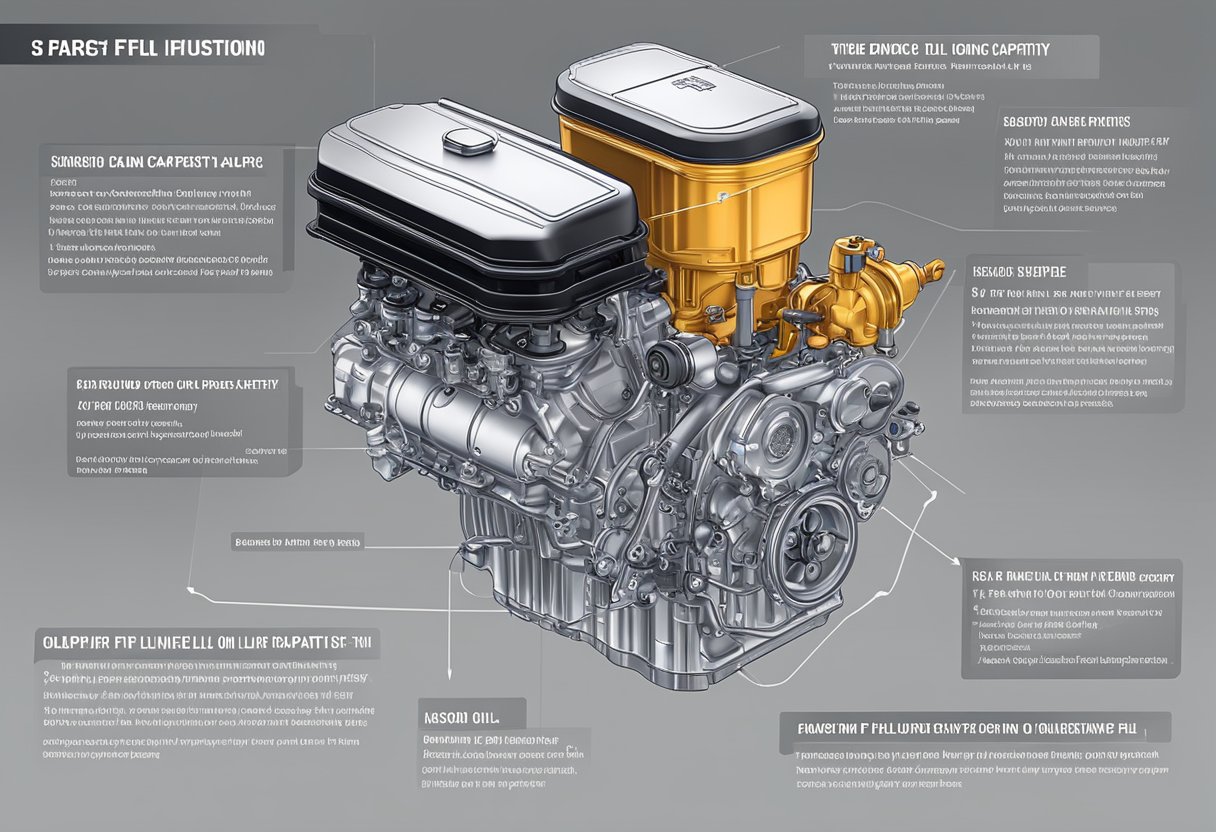 The Ford F-150's oil capacity is demonstrated with a clear, labeled diagram of the engine, oil pan, and oil fill location