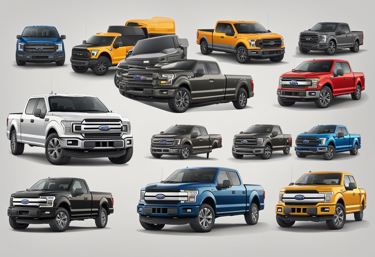 Various Ford F-150 models surrounded by different oil types and their respective capacities labeled clearly