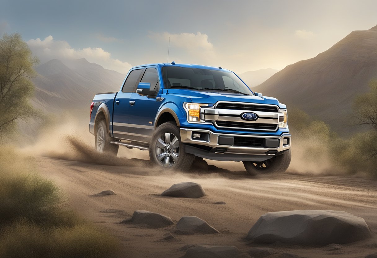 The Ford F-150 is driving on a rough, unpaved road, causing the truck to bounce and jostle. The engine is working hard, emitting heat and exhaust as it consumes oil to keep running