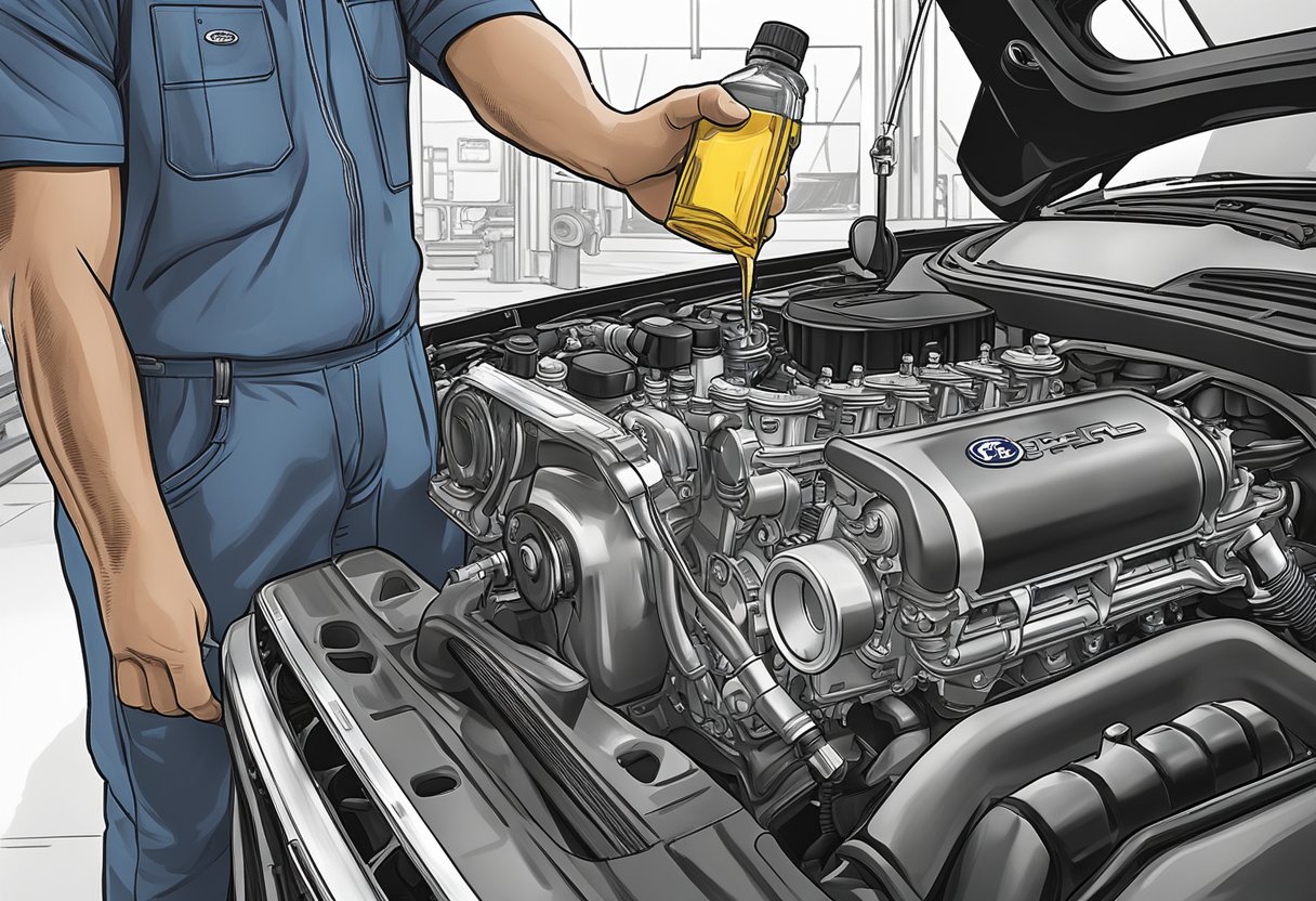 A mechanic pours motor oil into a Ford F-150 engine, using the recommended oil type specified in the owner's manual