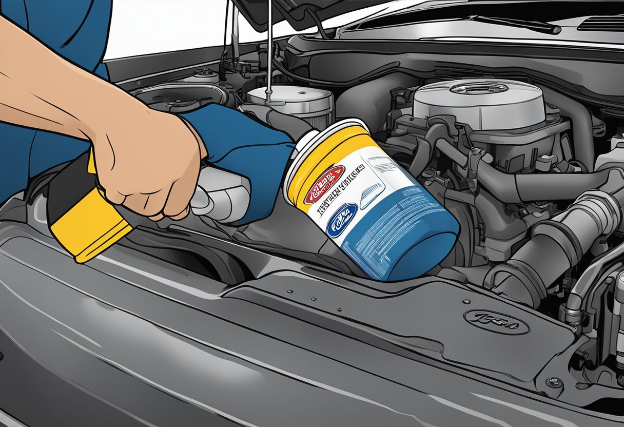 A mechanic holds a Ford F-150 oil filter while pouring oil into the engine. The filter is labeled "Choosing the Right Oil Filter Ford F-150 Oil Type."