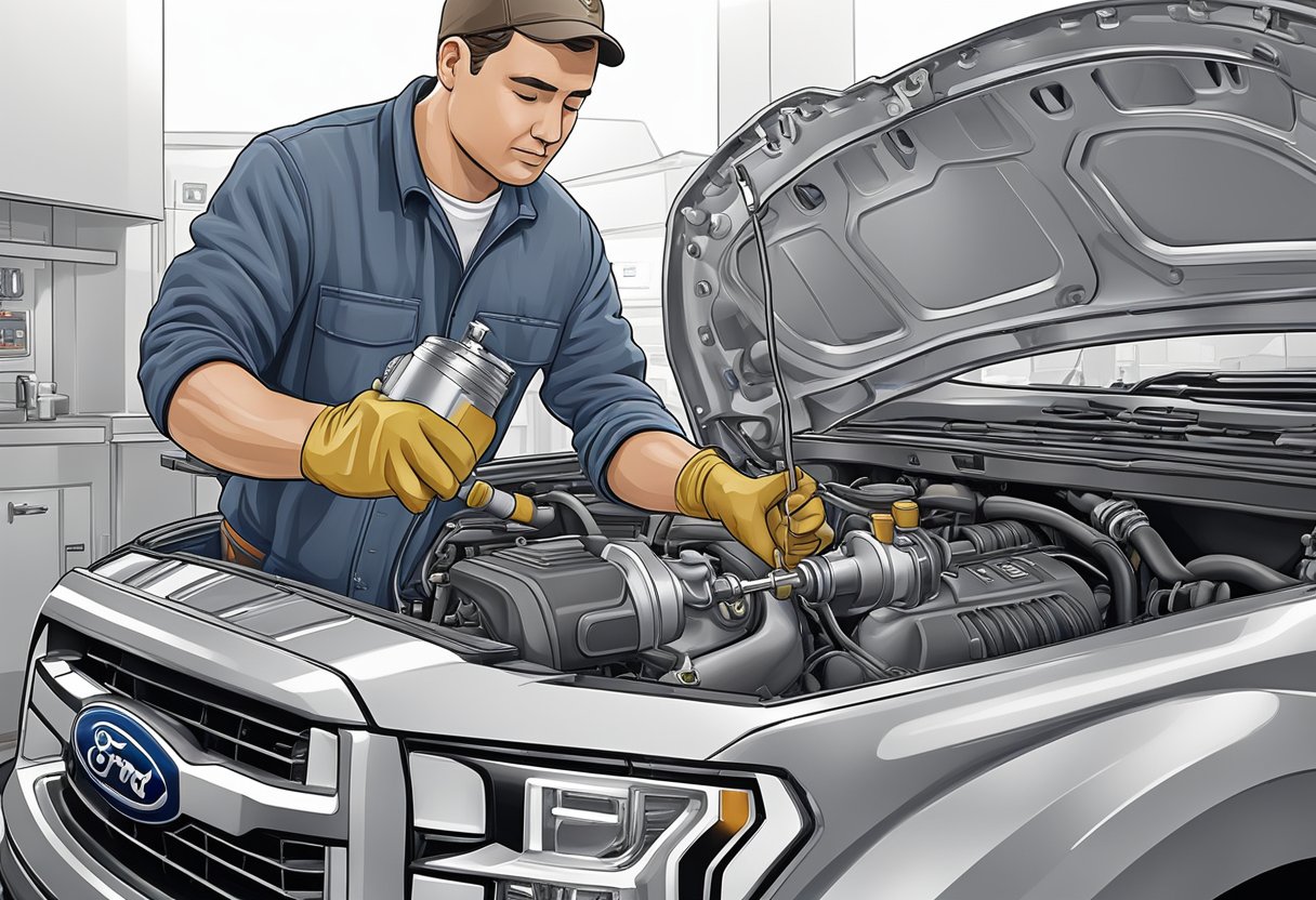 A mechanic pours the recommended oil into a Ford F-150 engine, ensuring proper maintenance for optimal performance