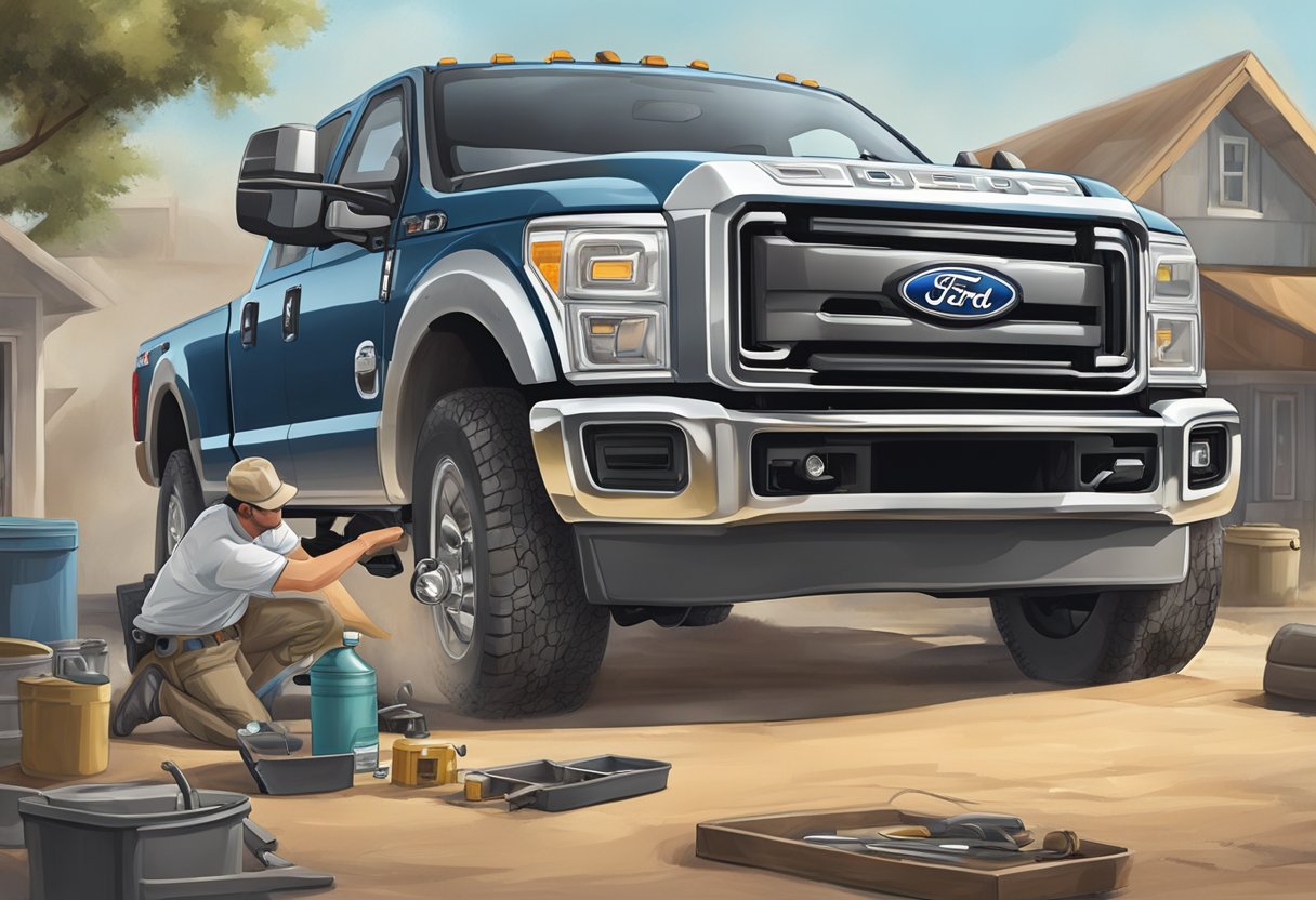 A Ford F-250 truck parked on a level surface, with the hood open and a mechanic pouring oil into the engine