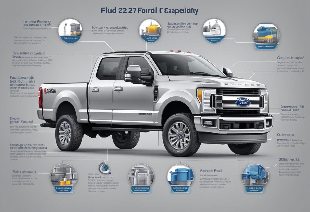 The Ford F-250 oil capacity is depicted with labeled fluid levels and specifications, alongside the vehicle's engine components