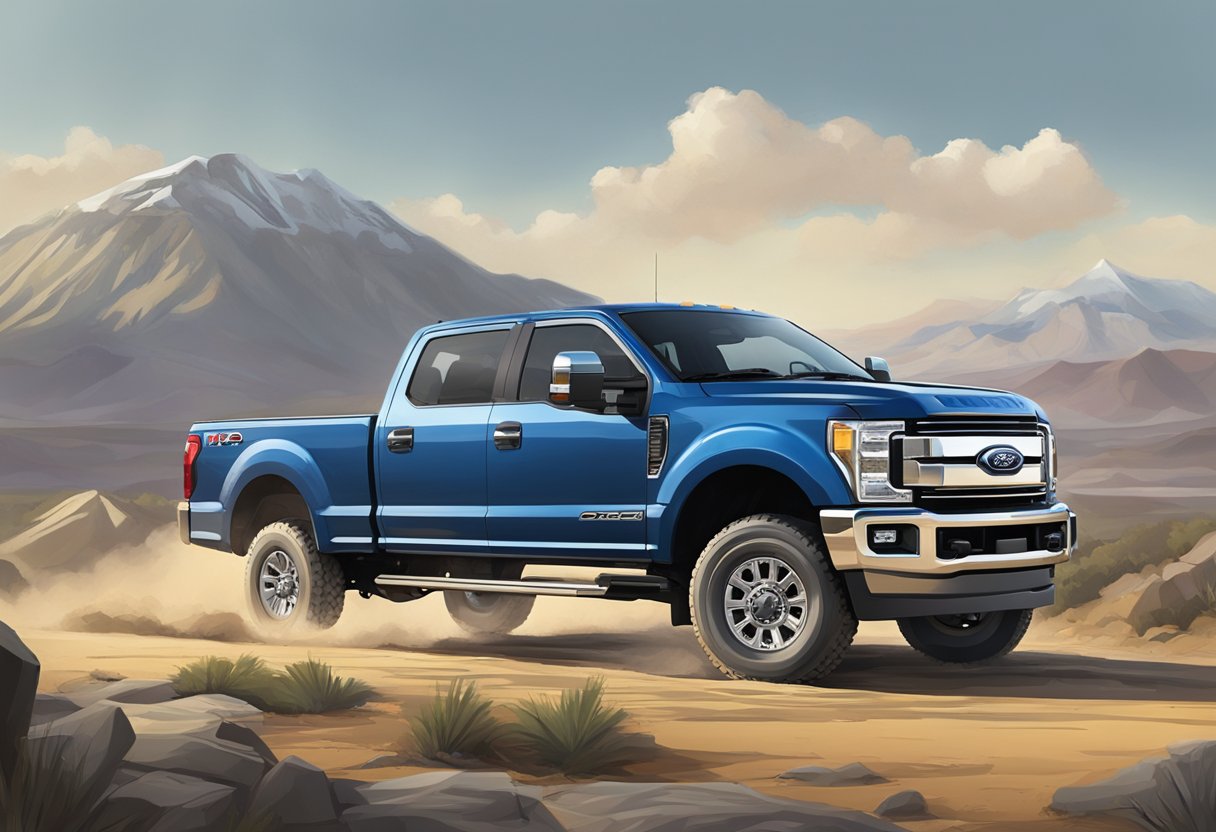The Ford F-250 powers through rugged terrain, showcasing its impressive performance and handling. Its oil capacity ensures long-lasting durability
