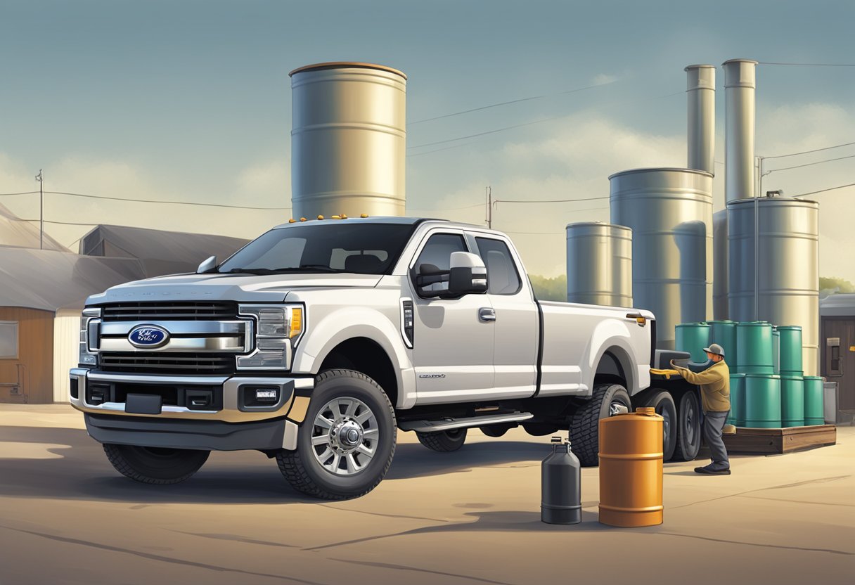 A Ford F-250 truck parked next to a row of oil containers, with a mechanic pouring oil into the engine