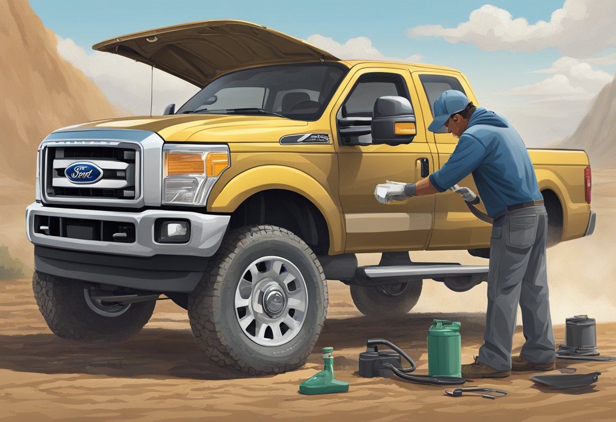 A Ford F-250 truck parked on a dirt road, with the hood open and a mechanic pouring oil into the engine