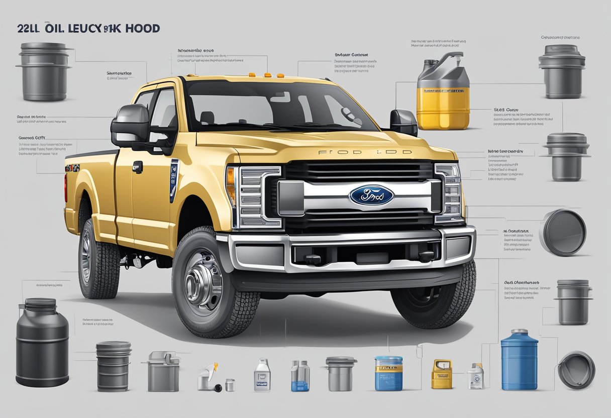 A Ford F-250 truck with its hood open, displaying the oil cap and oil level dipstick, surrounded by various oil containers and specifications manual