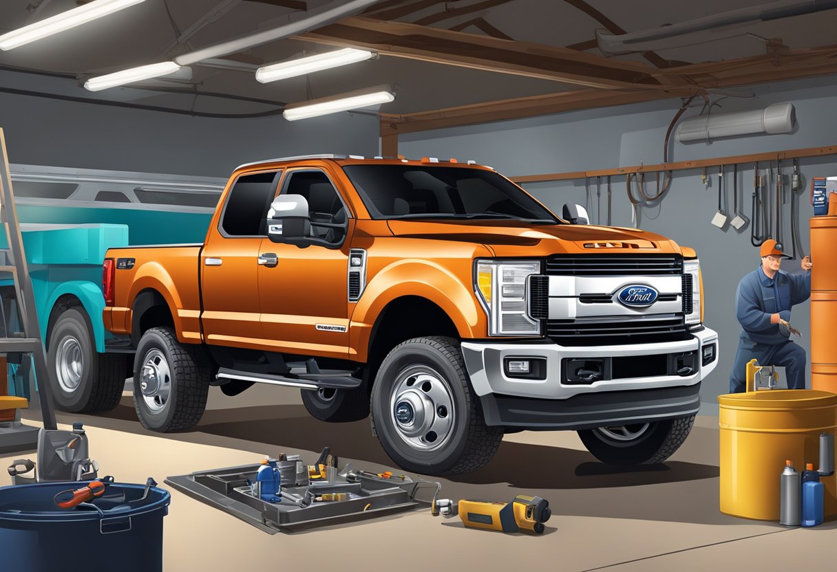 A Ford F-350 truck parked in a garage, with the hood open and a mechanic pouring oil into the engine