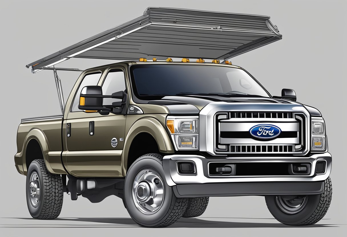 A Ford F-350 truck with its hood open, showing the oil reservoir and a measuring stick to indicate the oil capacity