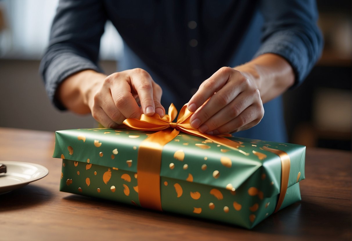 A left-handed person opening a creatively wrapped gift with unique left-handed tools and gadgets inside