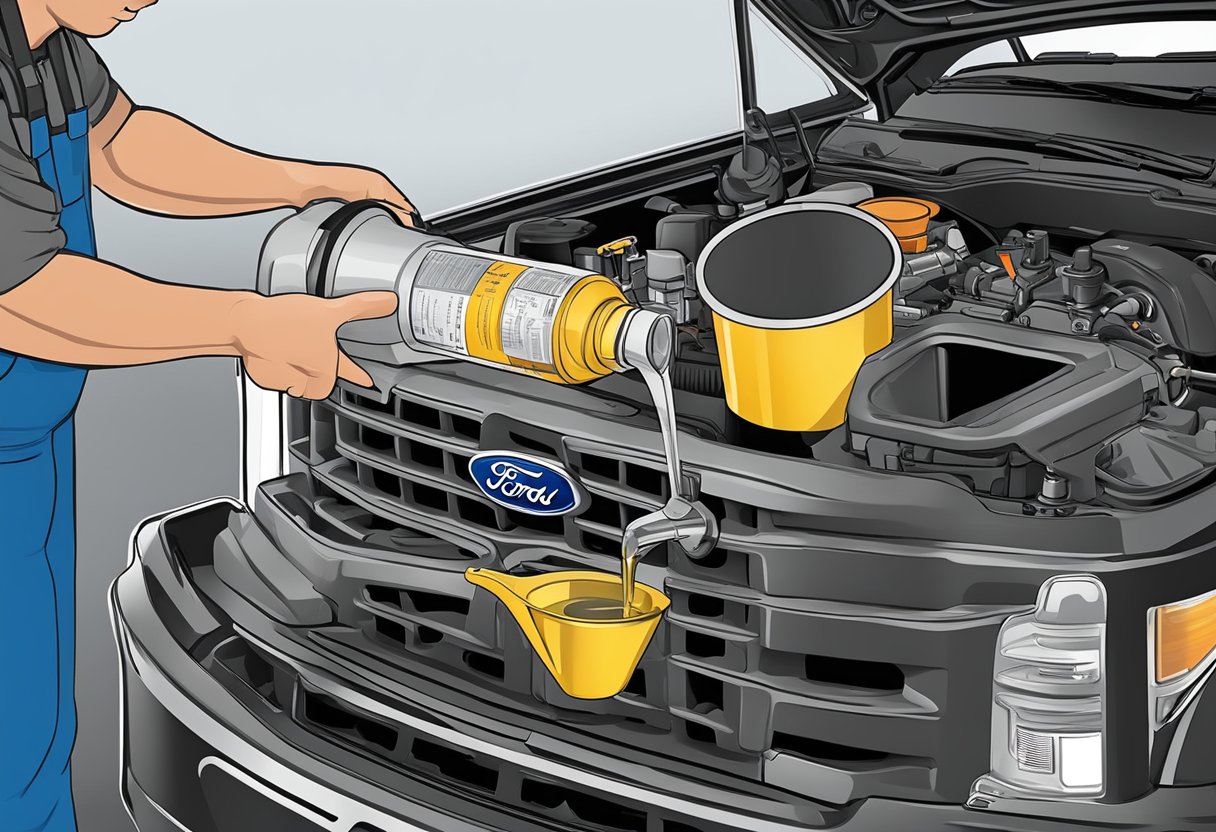 A mechanic pours the correct amount of oil into a Ford F-350 engine, using a measuring cup and a funnel
