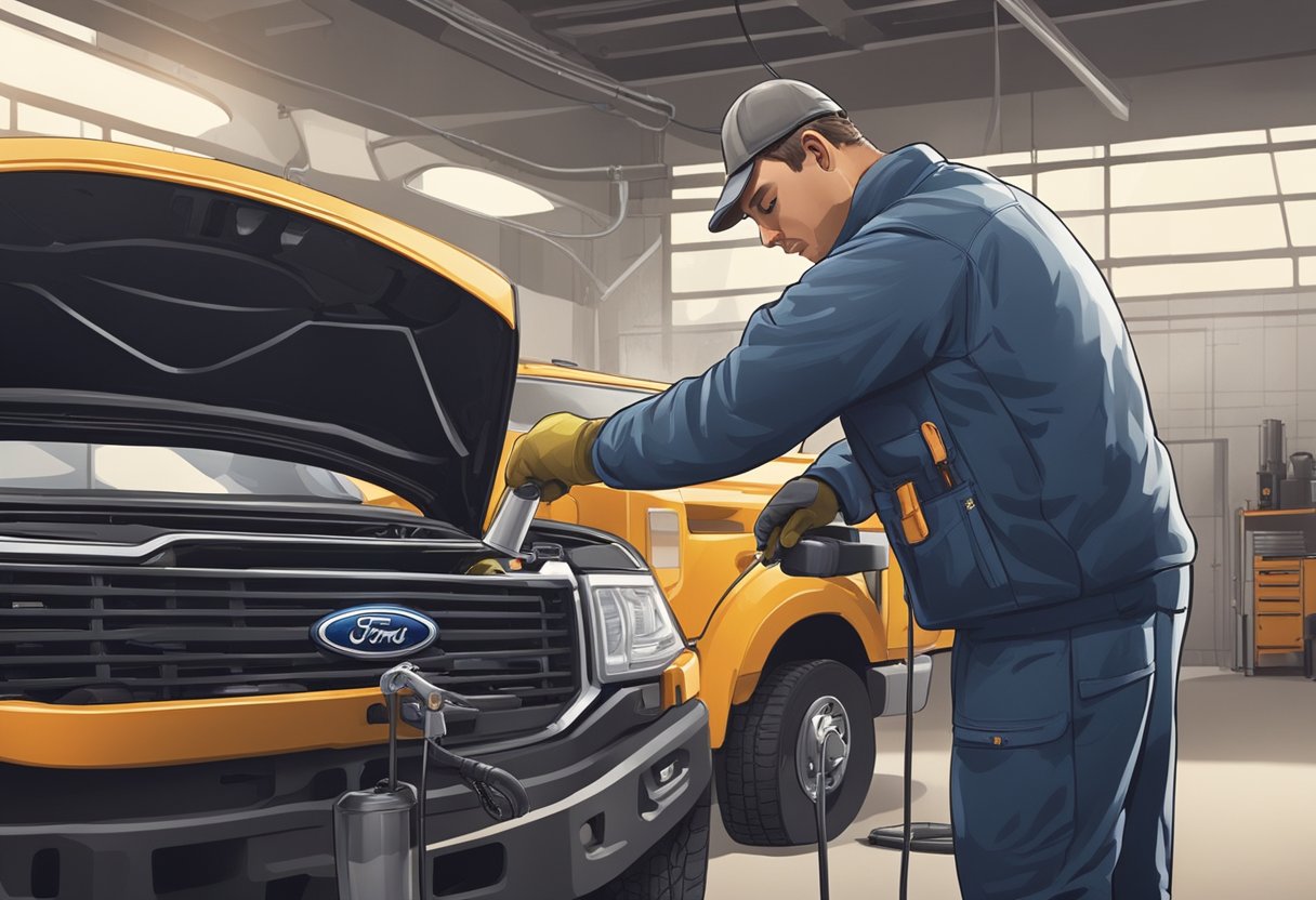 A mechanic pours oil into a Ford F-350 engine, checking the capacity level with a dipstick. The truck is parked in a well-lit garage with tools and equipment nearby