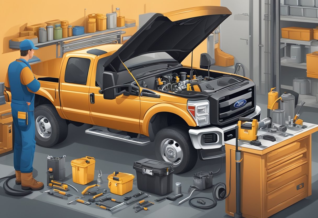 A mechanic pours oil into a Ford F-350 engine, checking the oil capacity with a dipstick. Nearby, a toolbox and various accessories are laid out for installation