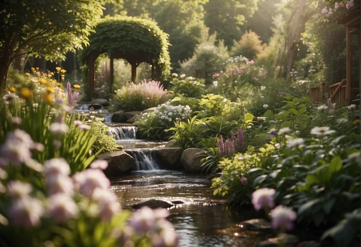 A tranquil garden with a flowing stream, surrounded by lush greenery and blooming flowers. The soft sound of wind chimes and gentle birdsong fills the air