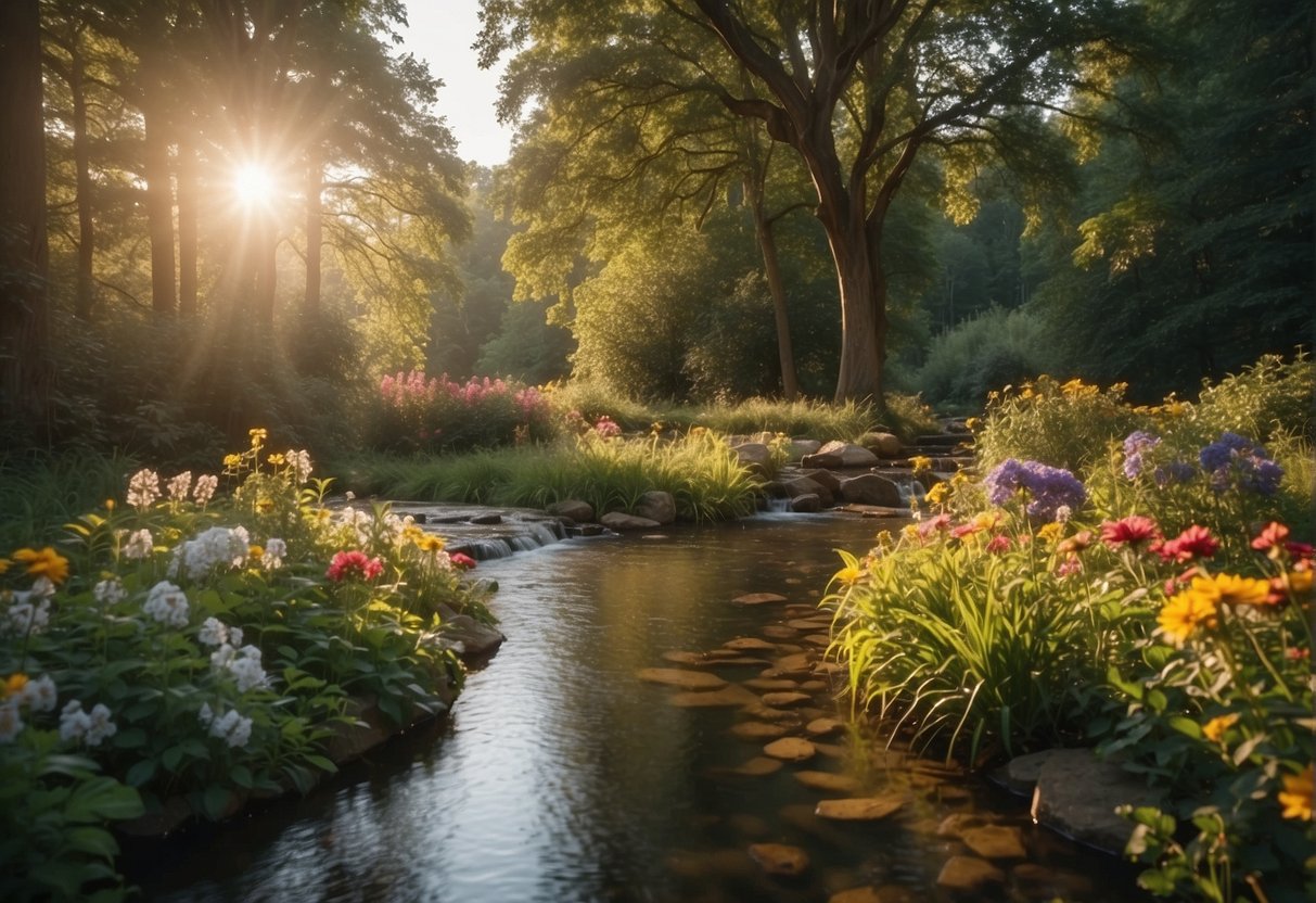 A serene garden with a flowing stream, surrounded by tall trees and colorful flowers. The sunlight filters through the leaves, creating a peaceful and tranquil atmosphere