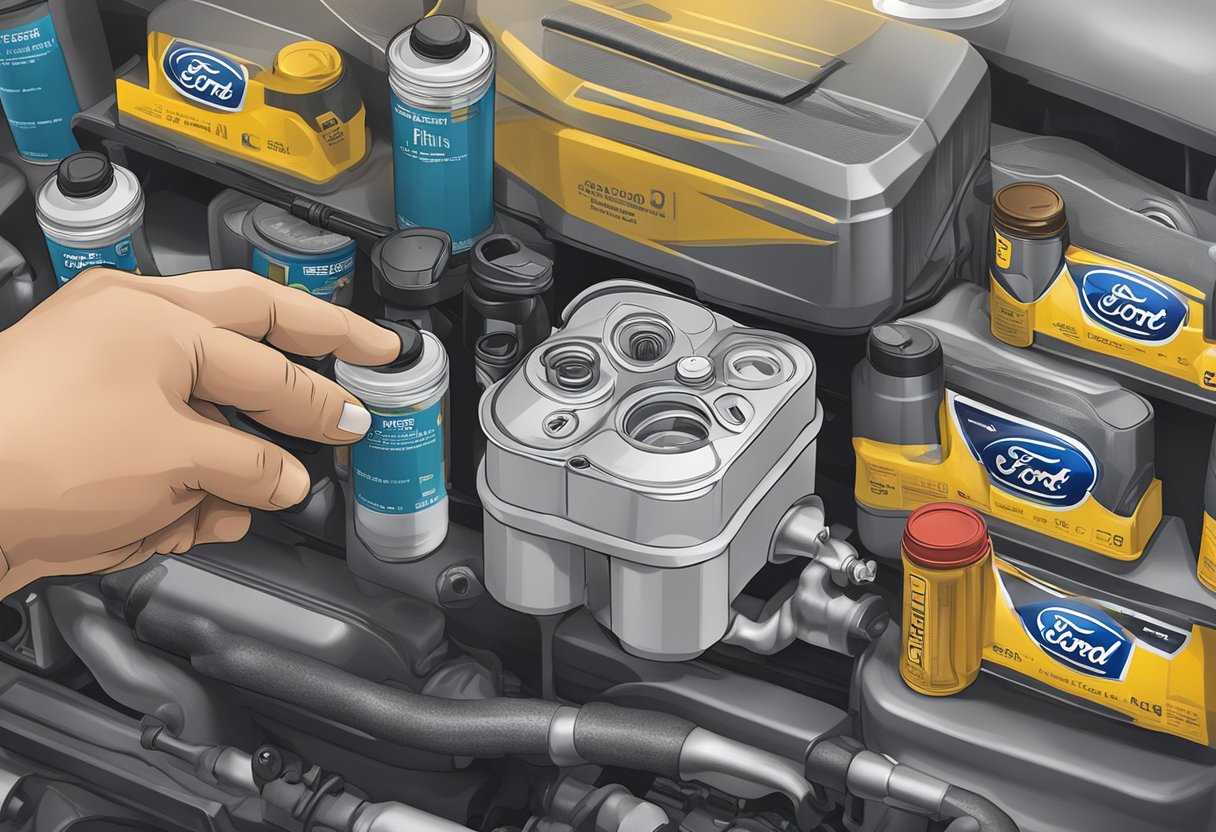 A hand reaches for a labeled oil filter next to bottles of oil, with a Ford F-350 in the background