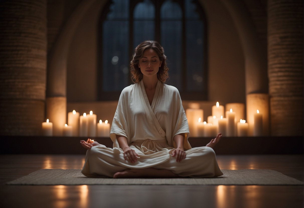 A serene figure sits cross-legged, surrounded by soft lighting and flickering candles. A playlist of soothing meditation music plays in the background, creating a tranquil atmosphere